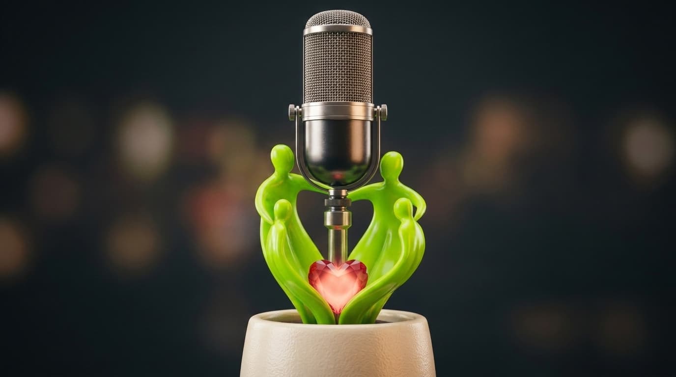A studio microphone growing from an ivory planter, supported by lime community forms and a coral heart.