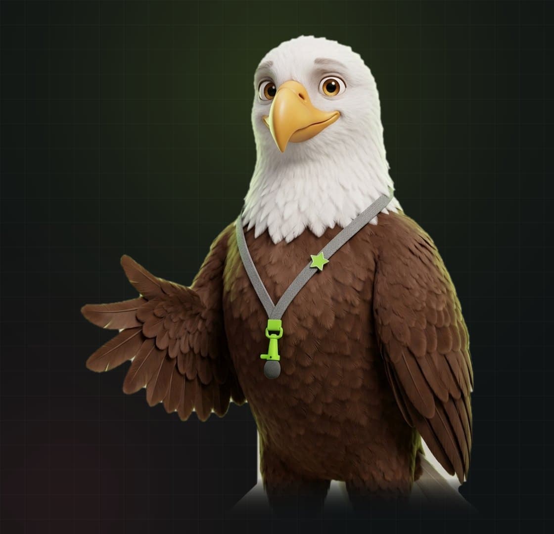 Scout, the Kind Creators United States and Canada host: a friendly bald eagle in a heather-grey lanyard with a lime clip-on mic and a green star pin, one wing extended in welcome.